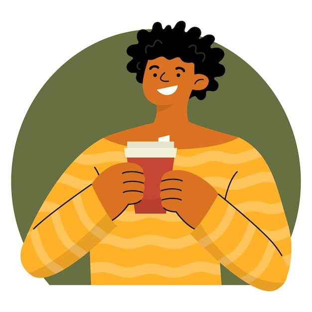 Vector happy girl with curly hair in yellow striped top holding a cup of coffee with both hands