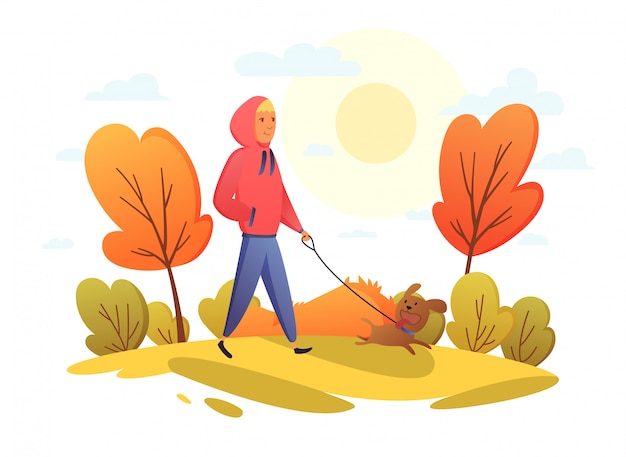 Vector happy girl with dog in an autumn park. trend colors. vector illustration in cartoon flat style.