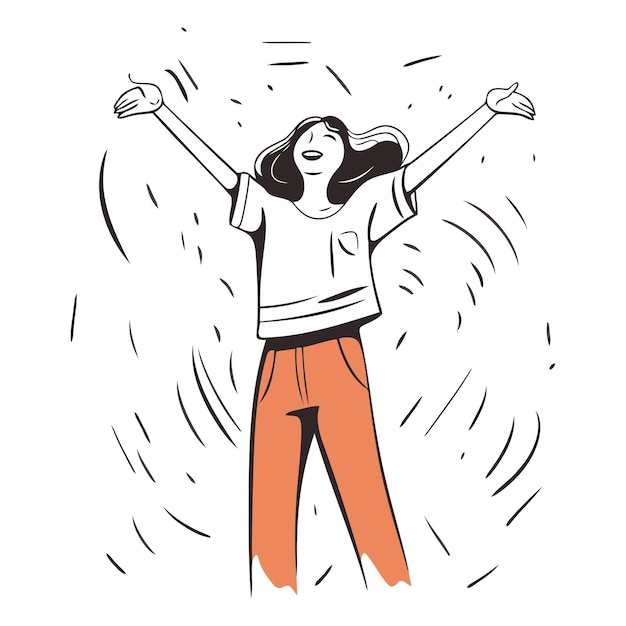 Vector happy girl with hands up in the air vector hand drawn illustration