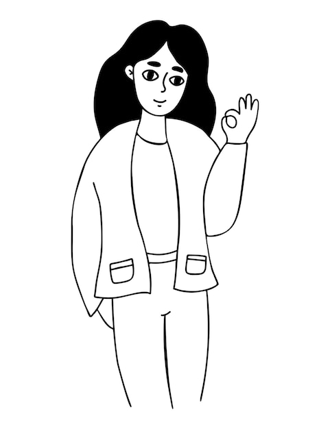 Happy girl with long hair and shows hand gesture ok Linear hand drawn doodle