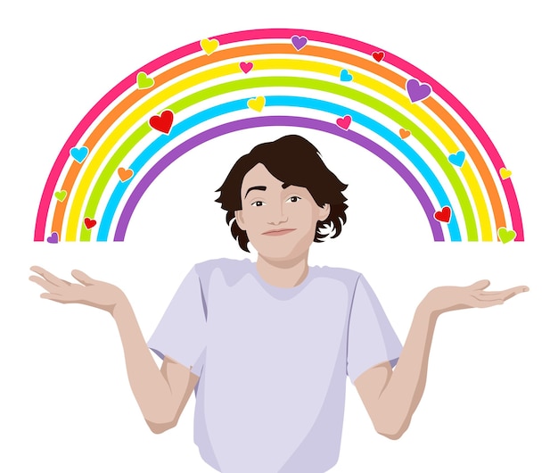虹と心のベクトル図を持つ幸せな女の子