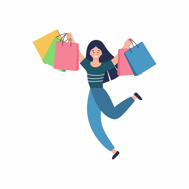 Ragazza felice con lo shopping. una donna con le borse corre fuori dal negozio. concetto di shopping in un supermercato. negozio di abbigliamento femminile online.