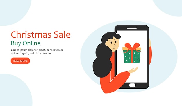 온라인 판매 또는 벡터 일러스트레이션 쇼핑을 위한 스마트폰 크리스마스 배경을 가진 행복한 소녀