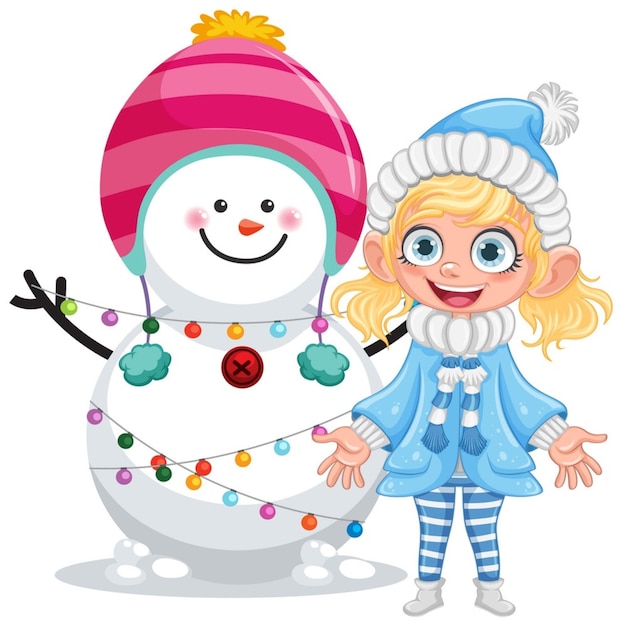 Vector happy girl with snowman