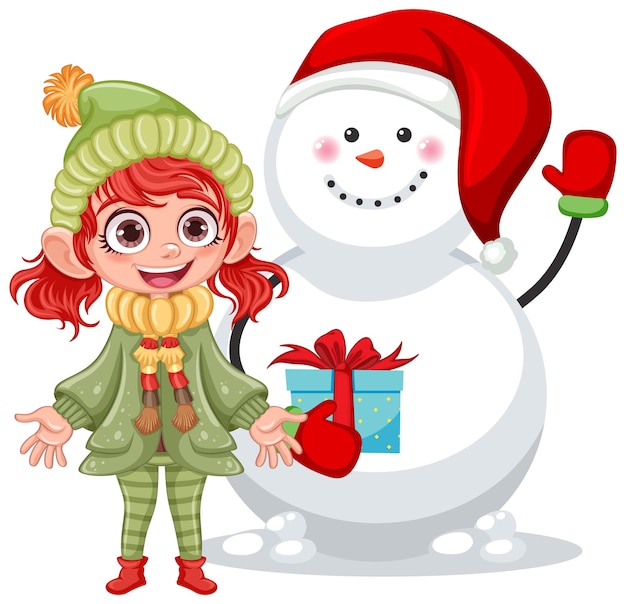 Vector happy girl with snowman