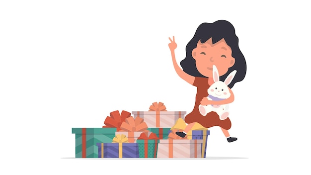 A happy girl with a teddy bear and lots of gifts. Happy child with gifts. Isolated. Vector.