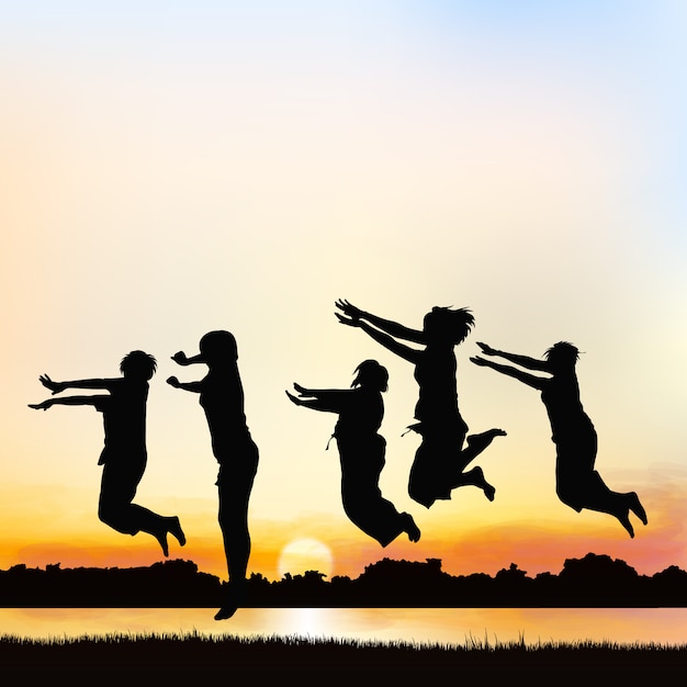 Happy girls are jumping, on silhouette art.