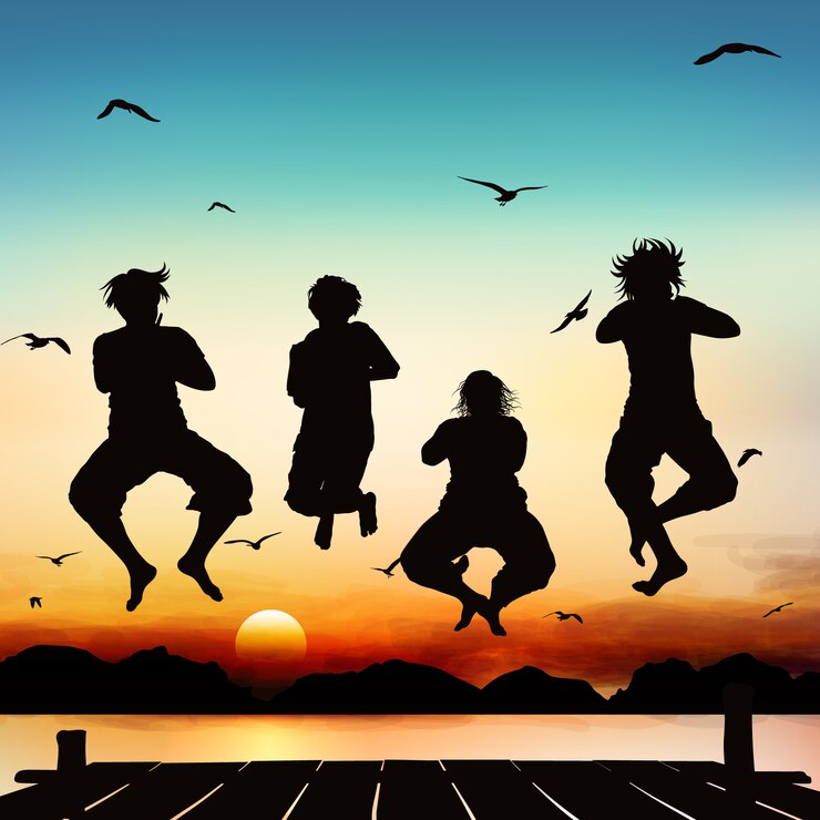 Vector happy girls are jumping, on silhouette art.