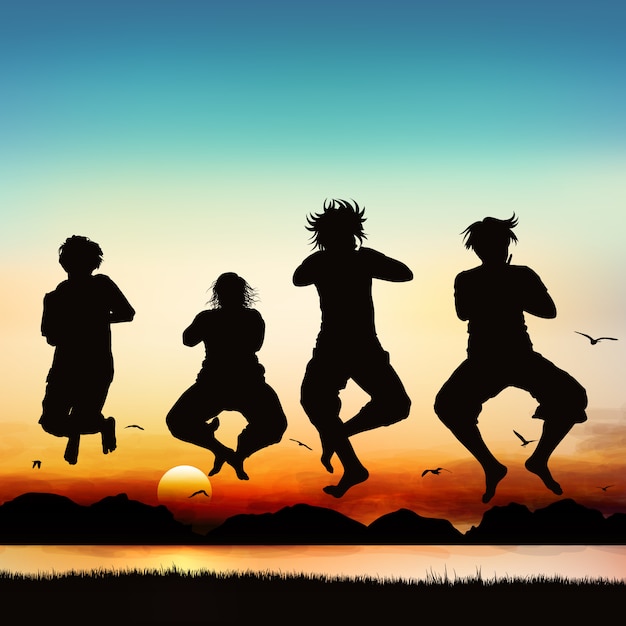 Vector happy girls are jumping, on silhouette art.