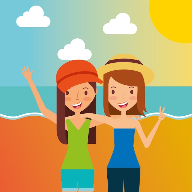 Ragazze felici in vacanza in spiaggia