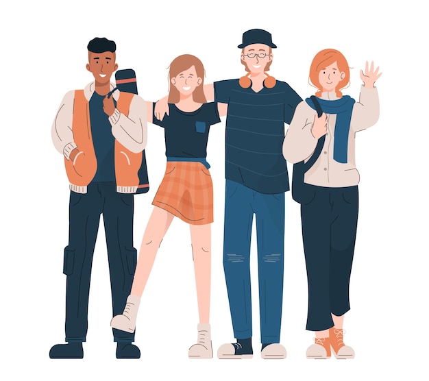 Vector happy girls and boys in casual clothes. youth lifestyle concept