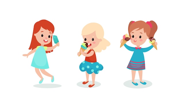 happy girls eating tasty ice cream vector illustration set