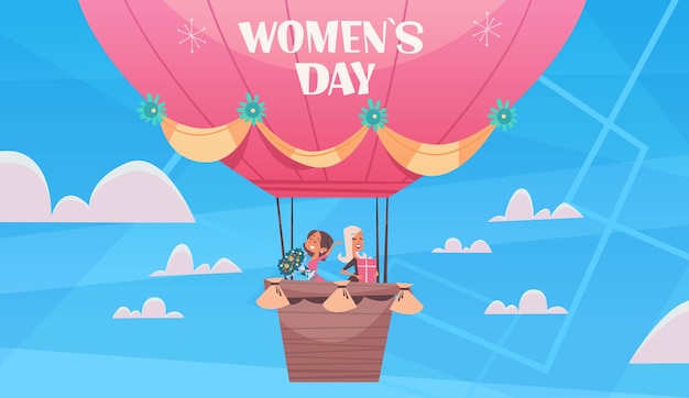 뜨거운 공기 풍선 여성의 날 3 월 8 일 휴가 축 하 개념 배너 전단지 또는 인사말 카드 가로 그림에서 비행하는 행복 한 여자