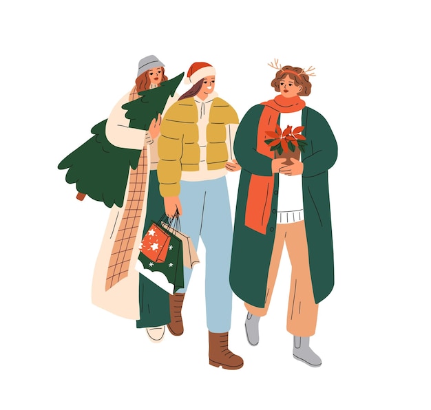 Вектор Счастливые девушки идут за покупками на рождество. молодые подруги готовят подарки, рождественскую елку к зимним праздникам, гуляют с сумками, подарками на открытом воздухе. плоская векторная иллюстрация на белом фоне
