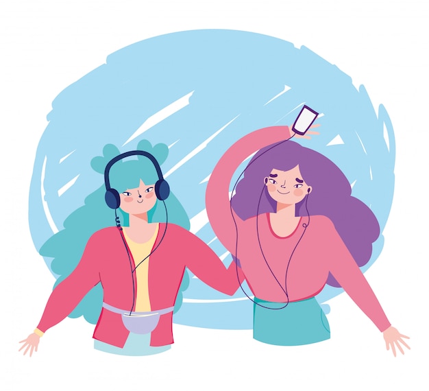 Счастливые девушки слушают музыку с смартфон и наушники иллюстрации