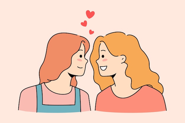 Happy girls look in eyes share love and emotions in romantic
relationships smiling young lesbian women couple romance lgbt and
homosexual relations concept vector illustration