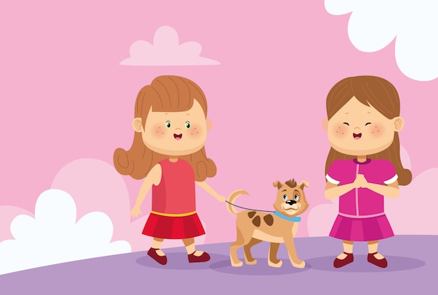 Vector happy girls with cute dog icon