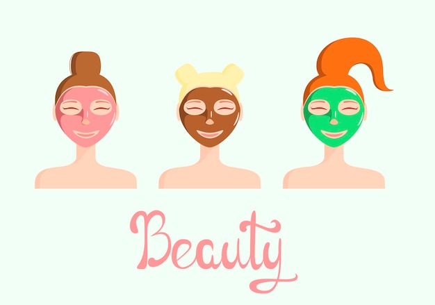 Vector happy girls with a mask on their face taking care of your skin cosmetic procedures flat design