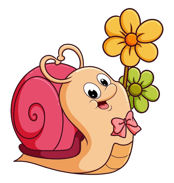 The happy girly snail is posing near the colorful flower of illustration