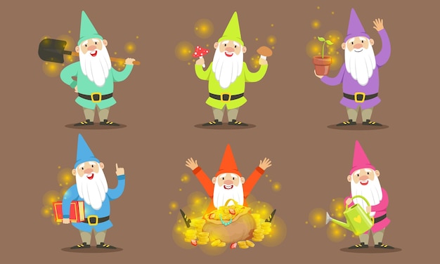 Вектор Счастливые гномы набор бородатых гномов персонажи с инструментами для получения золотых кристаллов и драгоценных камней векторная иллюстрация