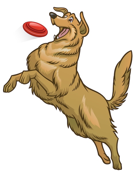 Vector happy golden retriever dog playing frisbee