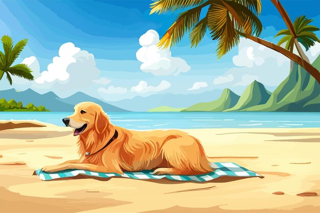 Vector happy golden retriever puppy on sand beach concept for summer adventures of purebreed dog at the