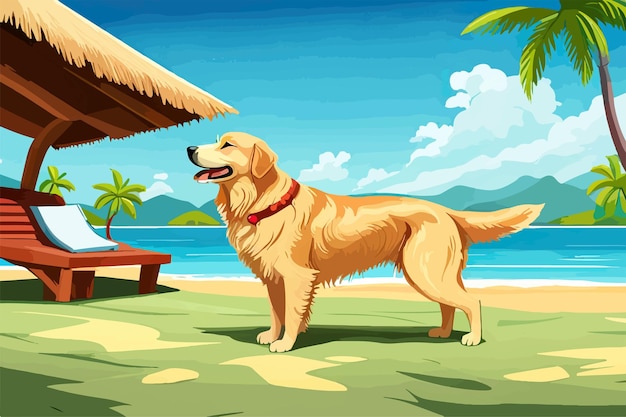 Vector happy golden retriever puppy on sand beach concept for summer adventures of purebreed dog at the