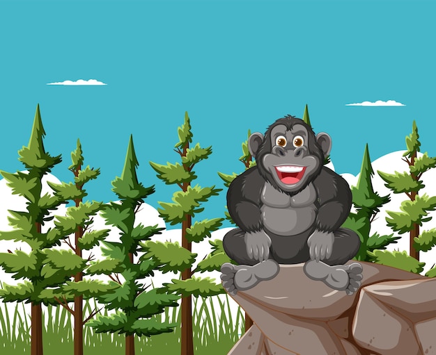 Vector happy gorilla in a forest clearing