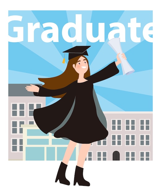 Happy graduate students with school background vector illustration