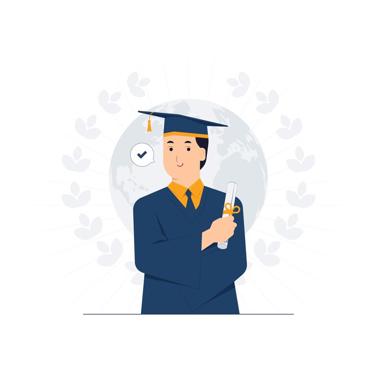 Vector happy graduated students wearing academic dress gown or robe and graduation cap and holding diploma celebrating university graduation ceremony concept illustration