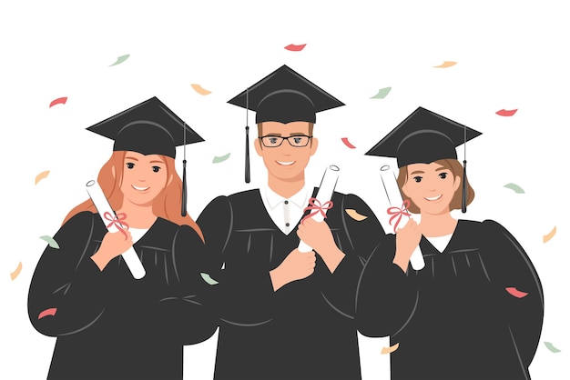 Happy graduates wearing an academic gown and a graduation cap and holding a diploma