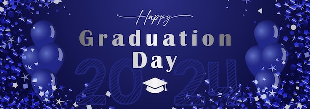 Vector happy graduation day decorative banner with 3d elements class of 2024 school wallpaper prom decor