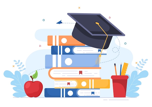 Vector happy graduation day of students celebrating background vector illustration wearing academic dress, graduate cap and holding diploma in flat style