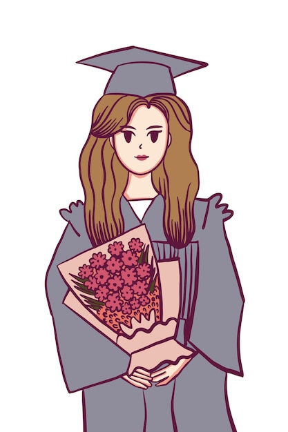 Vettore ragazza felice di laurea con certificato di abito e illustrazione disegnata a mano di bouquet di fiori