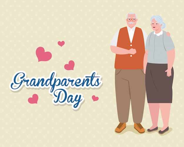 Happy grand parents day with cute older couple and hearts decoration illustration design