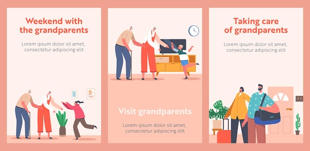 Happy Grandchildren Visiting Grandparents Banners Family Characters Joyous Meeting Father Mother and Kids Rejoice for Coming to Grandmother and Grandfather Home Cartoon People Vector Posters Set