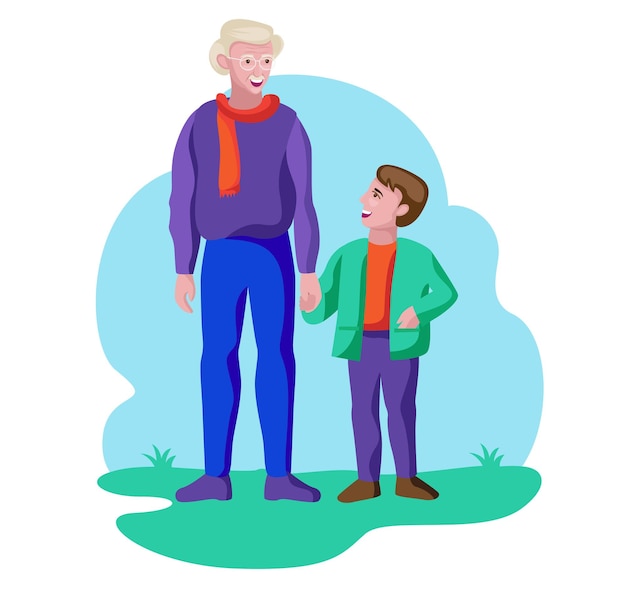 Vector happy grandfather and boy standing