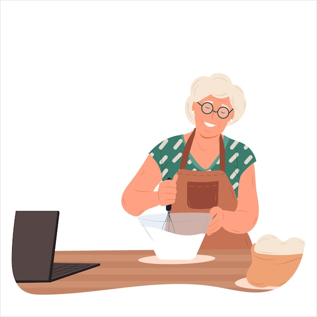 Premium Vector | Happy grandma cooks online in cartoon styleonline video internet technology cooking food Premium Vector | Happy grandma cooks online in cartoon styleonline video internet technology cooking food