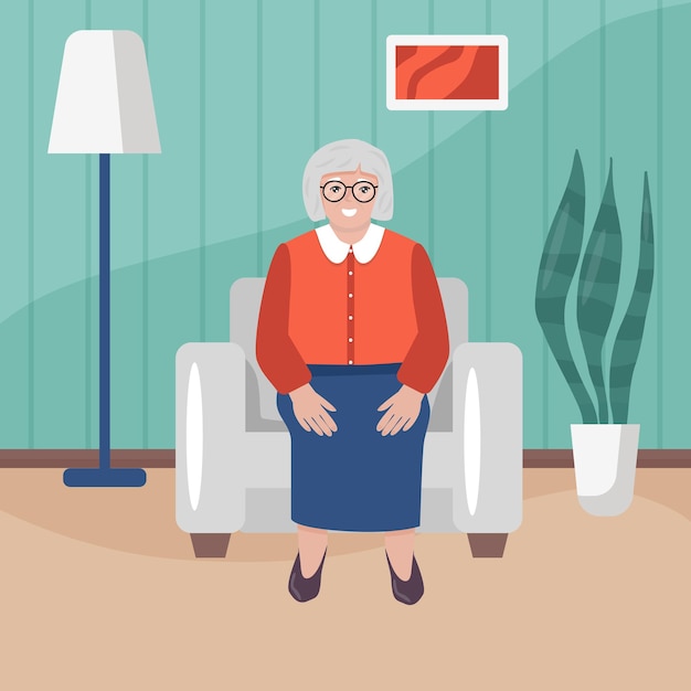 ベクトル 彼女の家の肘掛け椅子に座っている幸せなおばあちゃんリビングルームで漫画スタイルのシニア女性