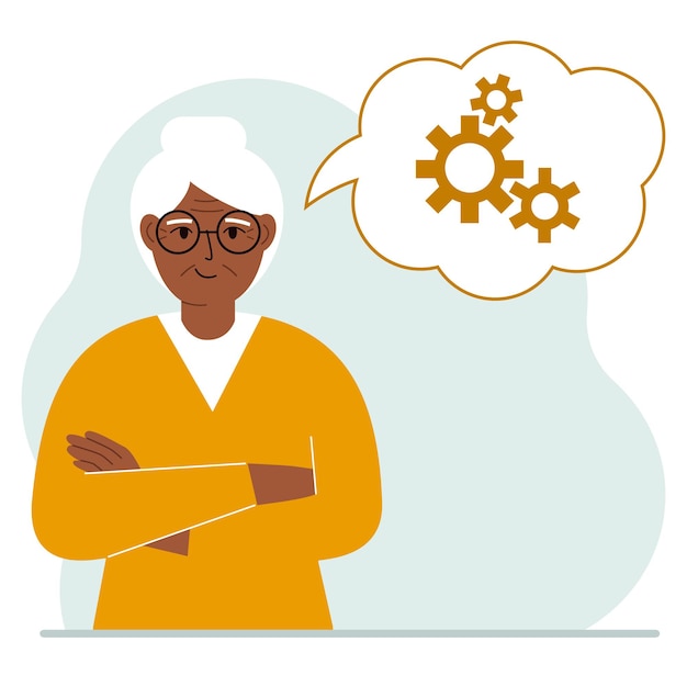 Happy grandma thinks dreaming with gears concept. A grandma is thinking about solving a problem. Balloon with the image of three gears. Vector flat illustration.