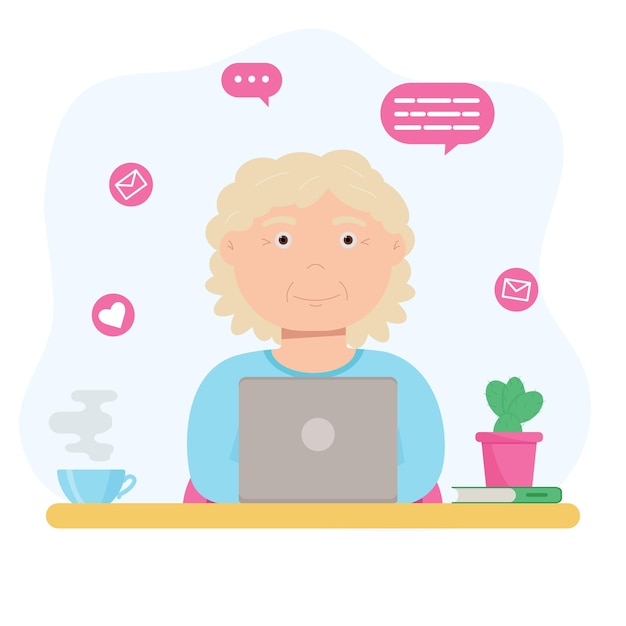 Premium Vector  Happy granny with laptop vector illustration a