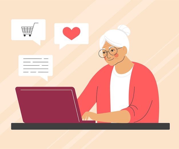 Vector happy grandma with laptop. seniors, online communication, shopping. vector illustration with character