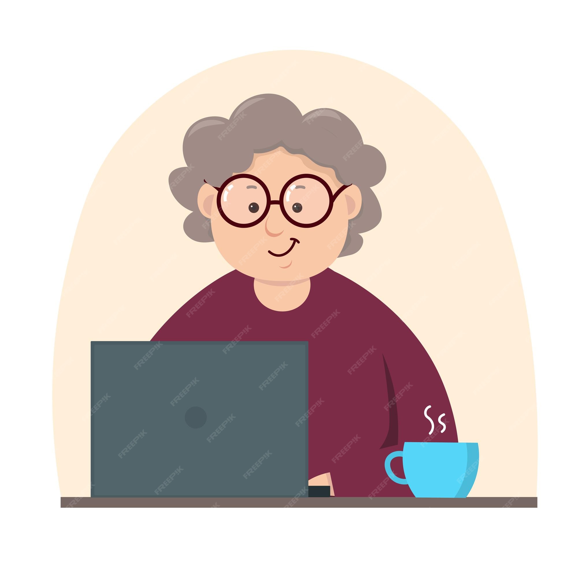 Premium Vector  Happy granny with laptop vector illustration a