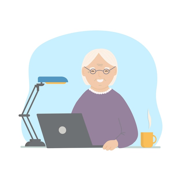 Happy grandma with laptop. vector hand drawn illustration.