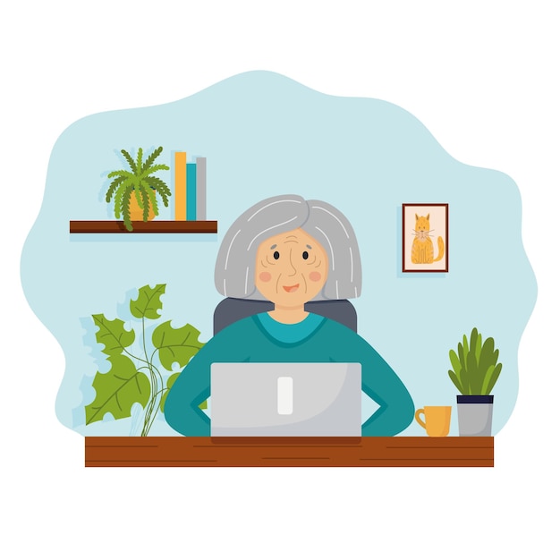 Vector happy grandmother character with laptop sitting by the the table isolated on white