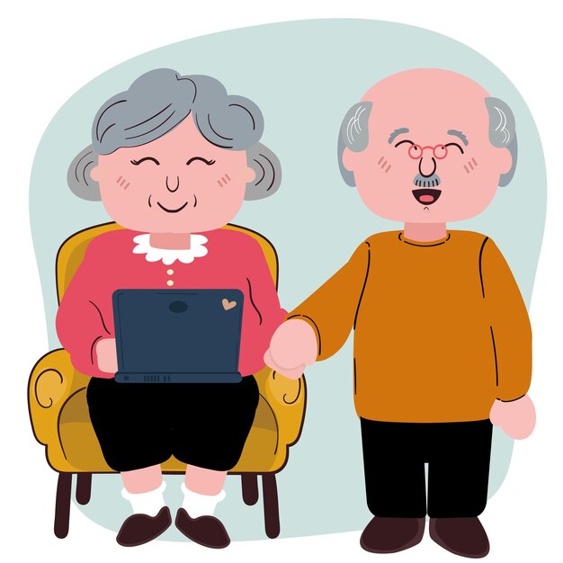 행복 한 할머니는 노트북과 함께 의자에 앉아 웃는 노인 부부