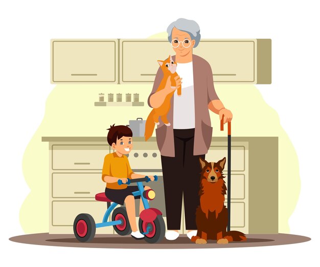 Happy grandmother with child and pets at home woman holding cat in arms dog nearby boy sitting on bycicle