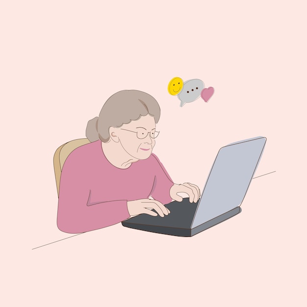 Vector happy grandmother with a laptop an elderly woman with a laptop