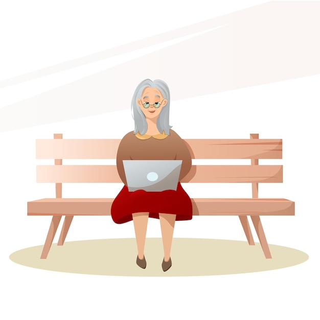 Vector happy grandmother with a laptop sits on a bench in the park.