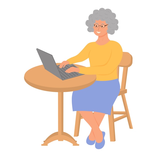 Vector happy grandmother with a laptop sitting at the table elderly people use technology computers